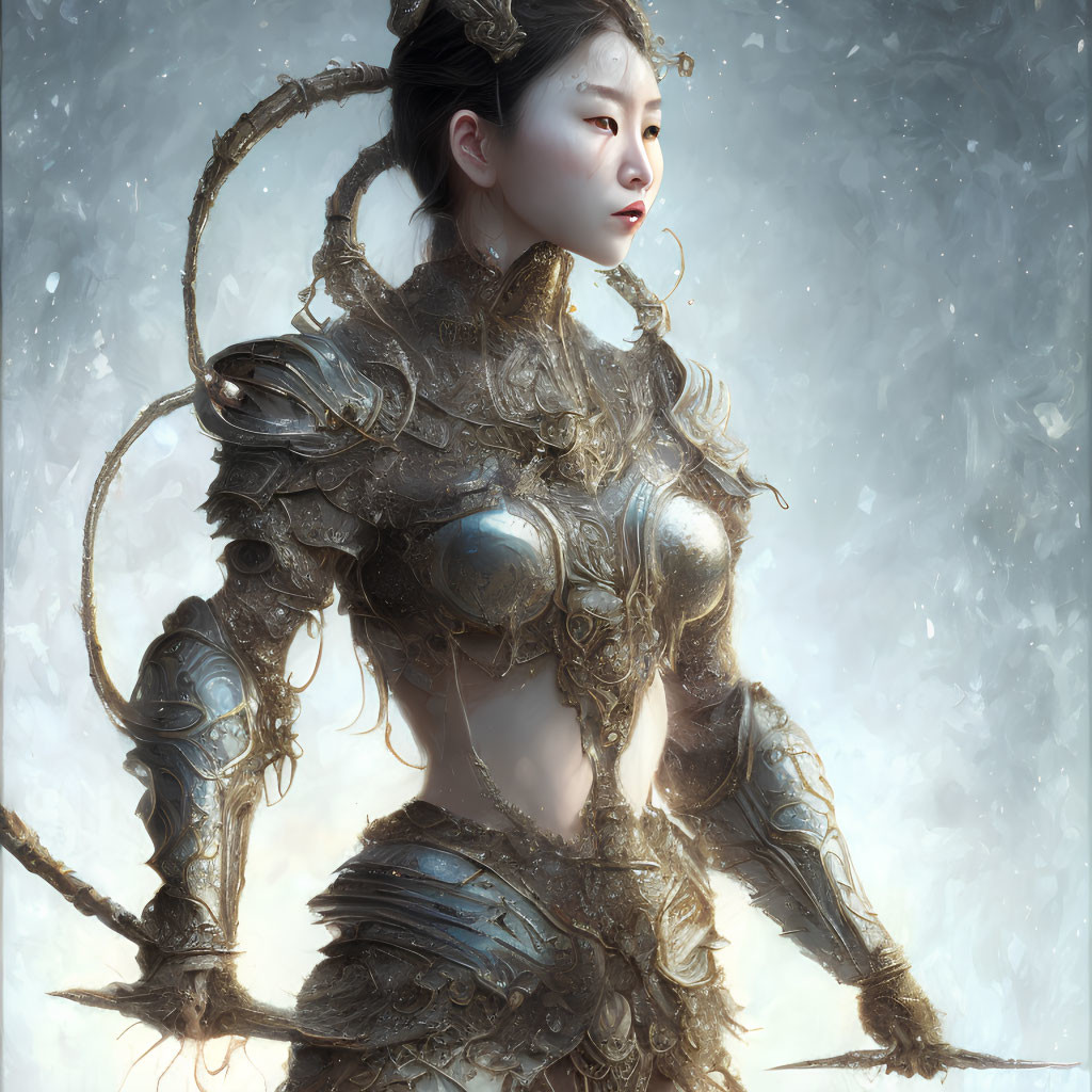 Digital artwork: Armored warrior woman with traditional hairstyle in snowy setting