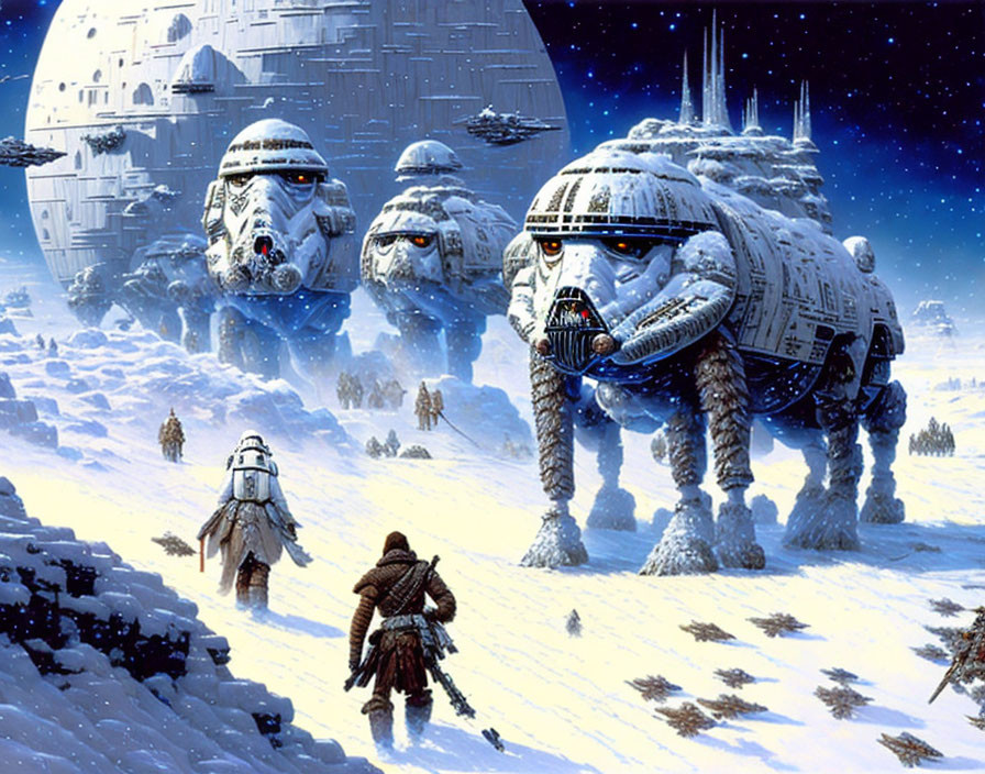 Snowy Landscape with Armored Walkers, Figures, and Distant Fortress