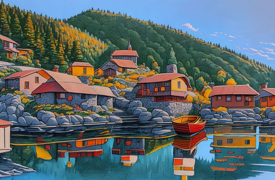 Colorful lakeside village painting with reflections and green hills