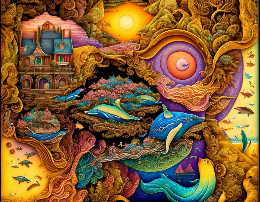 Colorful surreal artwork with house, dolphins, ships, and swirling patterns in nature.