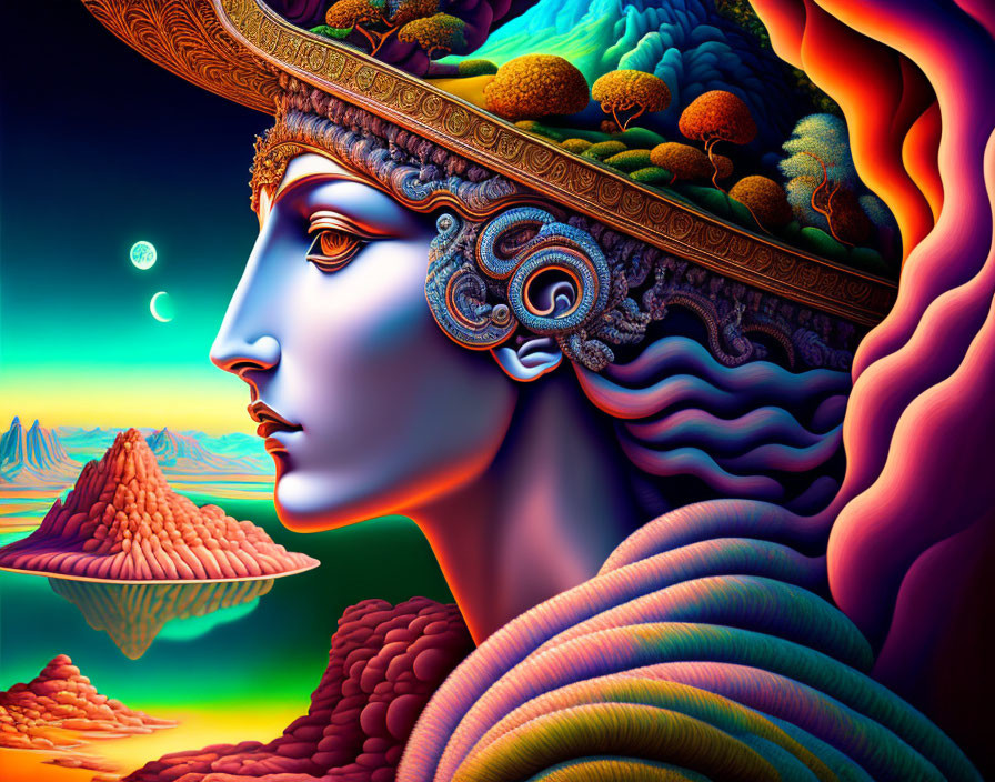 Surreal portrait with classical figure and psychedelic colors in dreamlike landscape