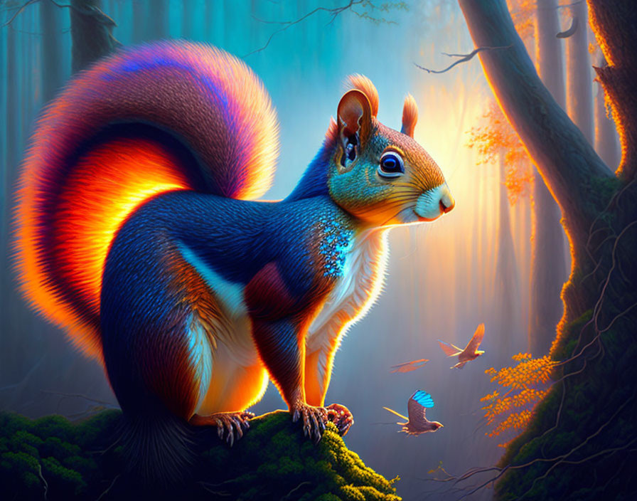 Colorful digital artwork: Oversized squirrel in mystical forest with birds