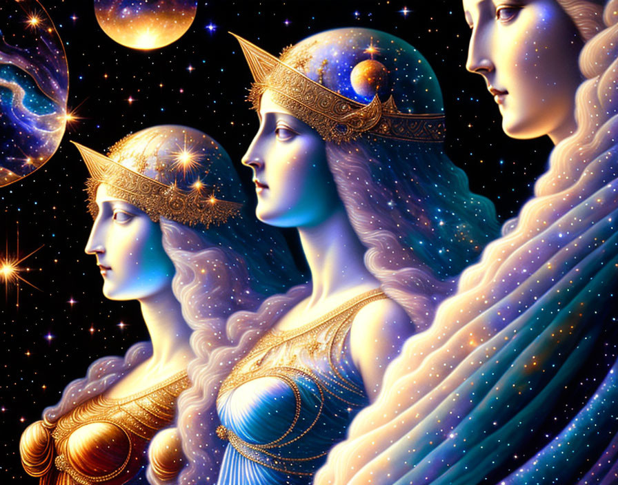 Celestial women in starry garments and cosmic headdresses in space.
