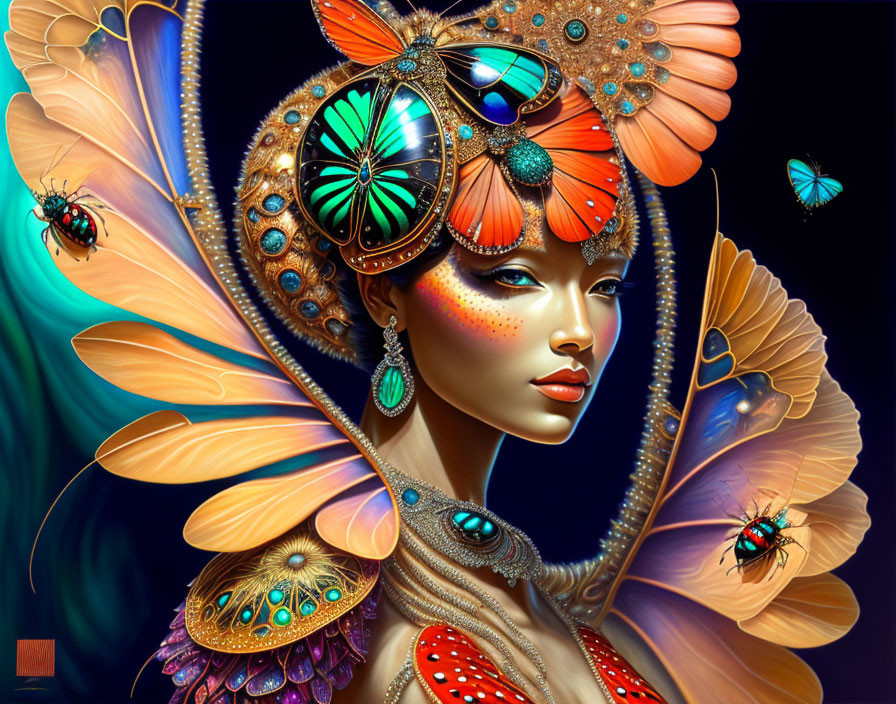 Colorful digital artwork of a woman adorned with butterfly motifs and vibrant colors.