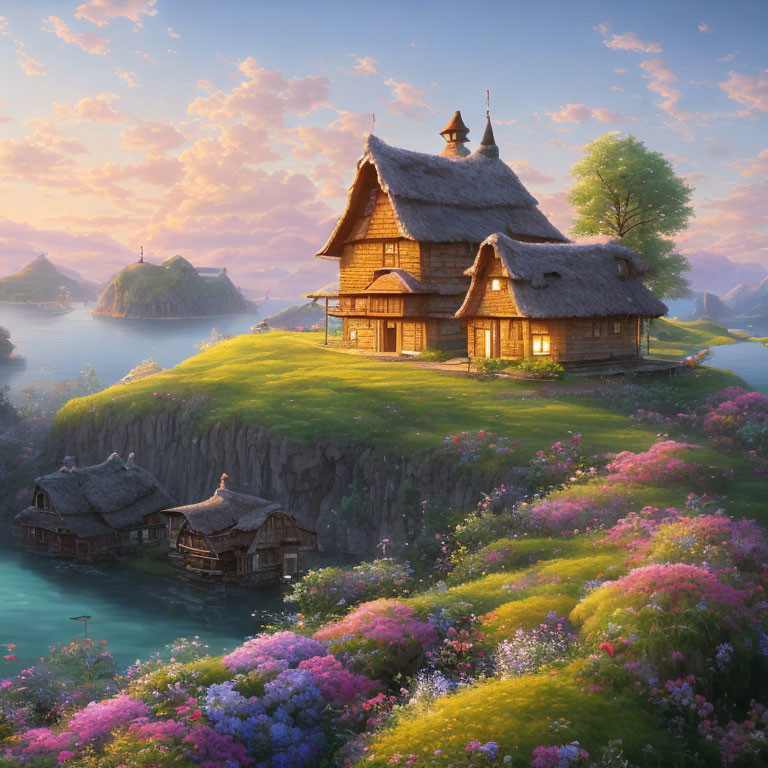 Illustration of charming cottage on cliff with garden overlooking lake at sunset