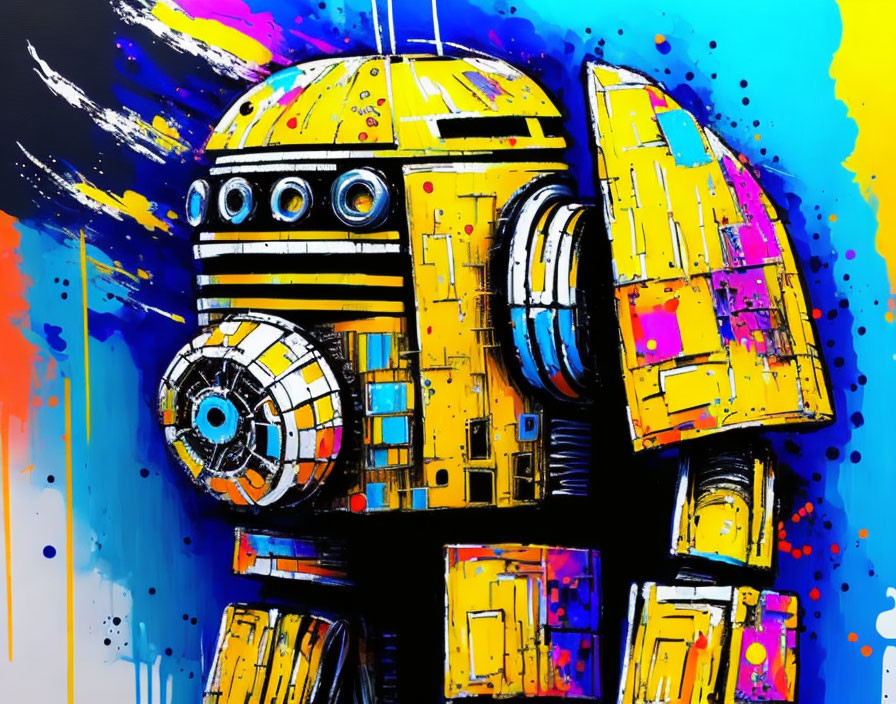 Colorful droid art with yellow and blue hues on abstract paint background