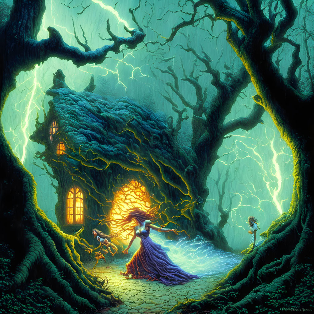Surreal forest scene with twisted trees, glowing cottage, woman in purple dress, and mystical creature