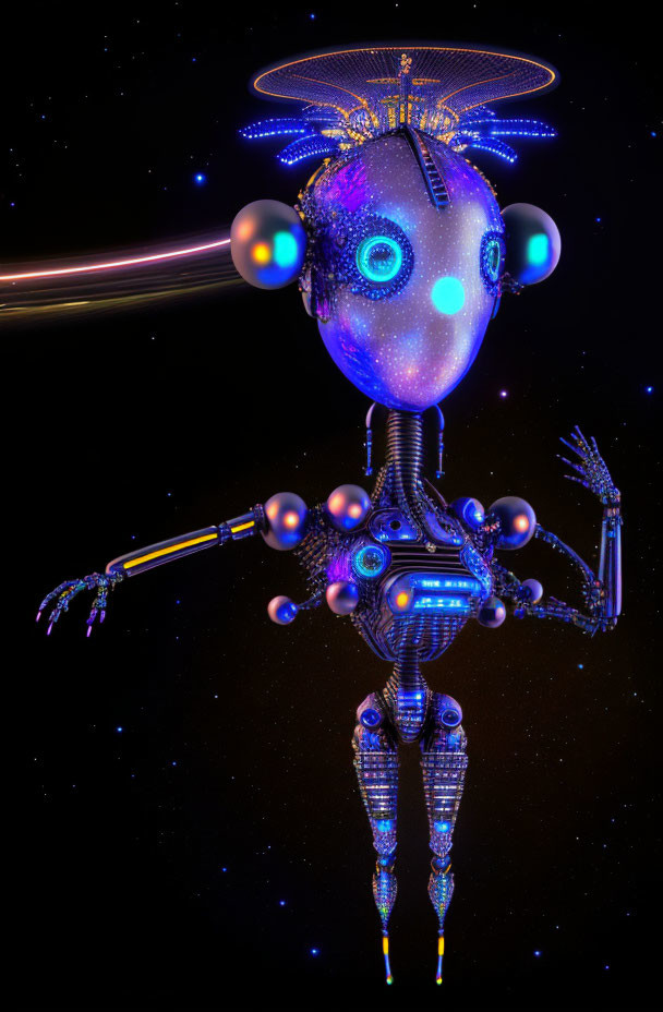 Futuristic blue robot with spherical joints and neon lighting in space.