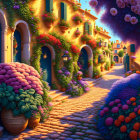 Colorful Cobblestone Street with Flowers, Plants, and Trees