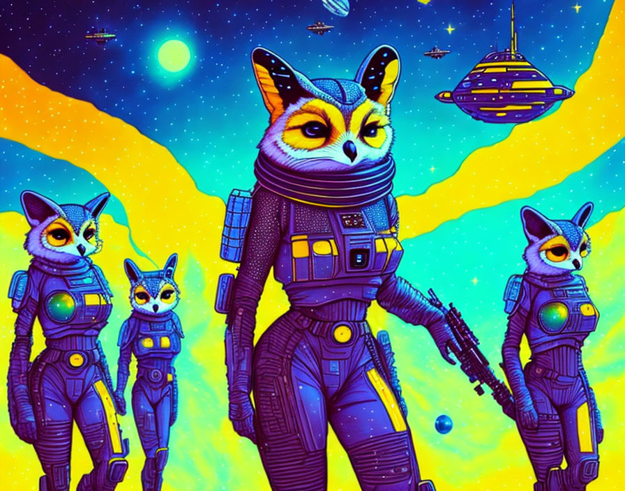 Anthropomorphic foxes in space suits on alien landscape with spaceships and planets.