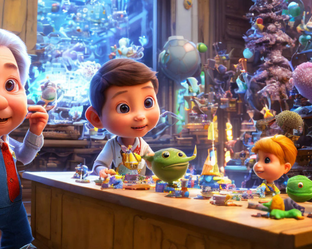 Colorful animated characters in cozy Christmas room