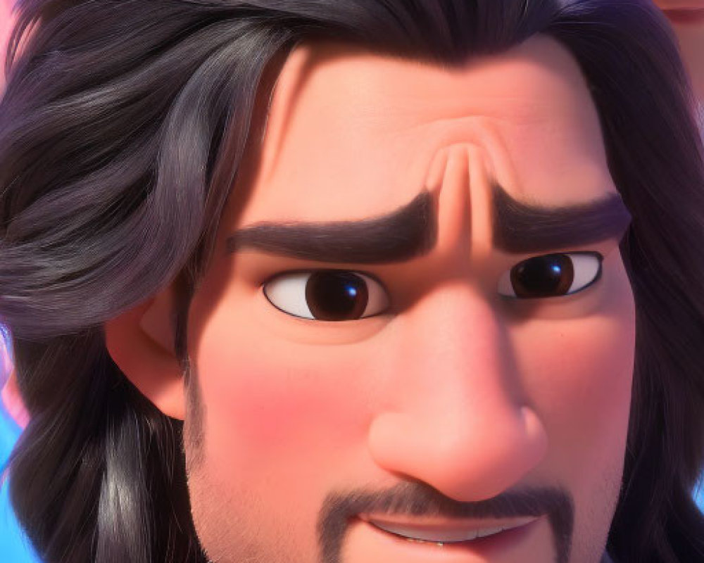 Smirking animated character with dark hair and goatee, raised eyebrow, background blurred