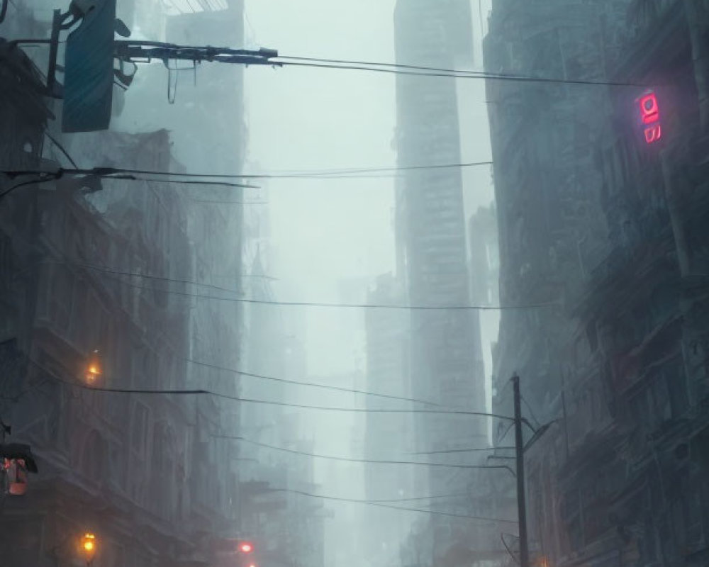 Foggy urban street with silhouetted figures, derelict cars, neon signs,