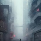 Foggy urban street with silhouetted figures, derelict cars, neon signs,
