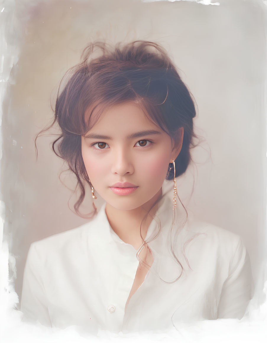 Portrait of woman with soft wavy hair, white blouse, and long earrings