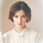 Young woman portrait with dark hair, subtle makeup, white blouse, and serene expression