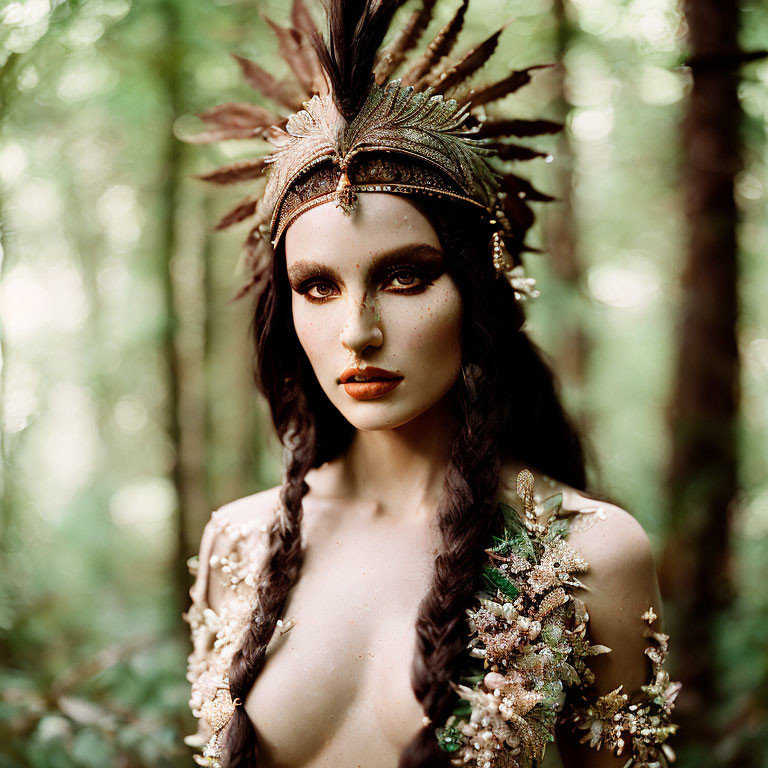 Woman with Feathered Headdress and Nature Body Art in Lush Forest