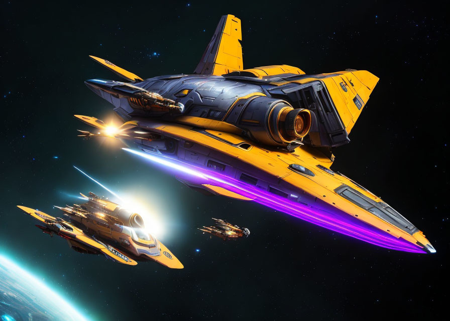 Futuristic spaceships with yellow and blue markings flying above a planet