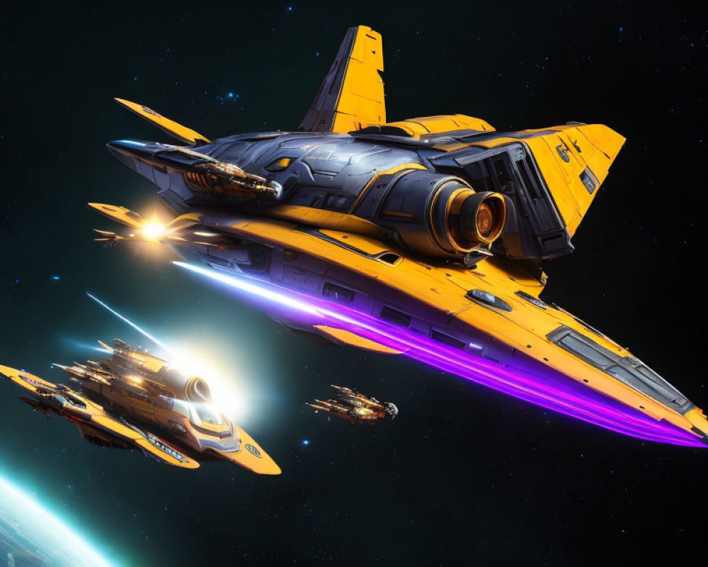 Futuristic spaceships with yellow and blue markings flying above a planet