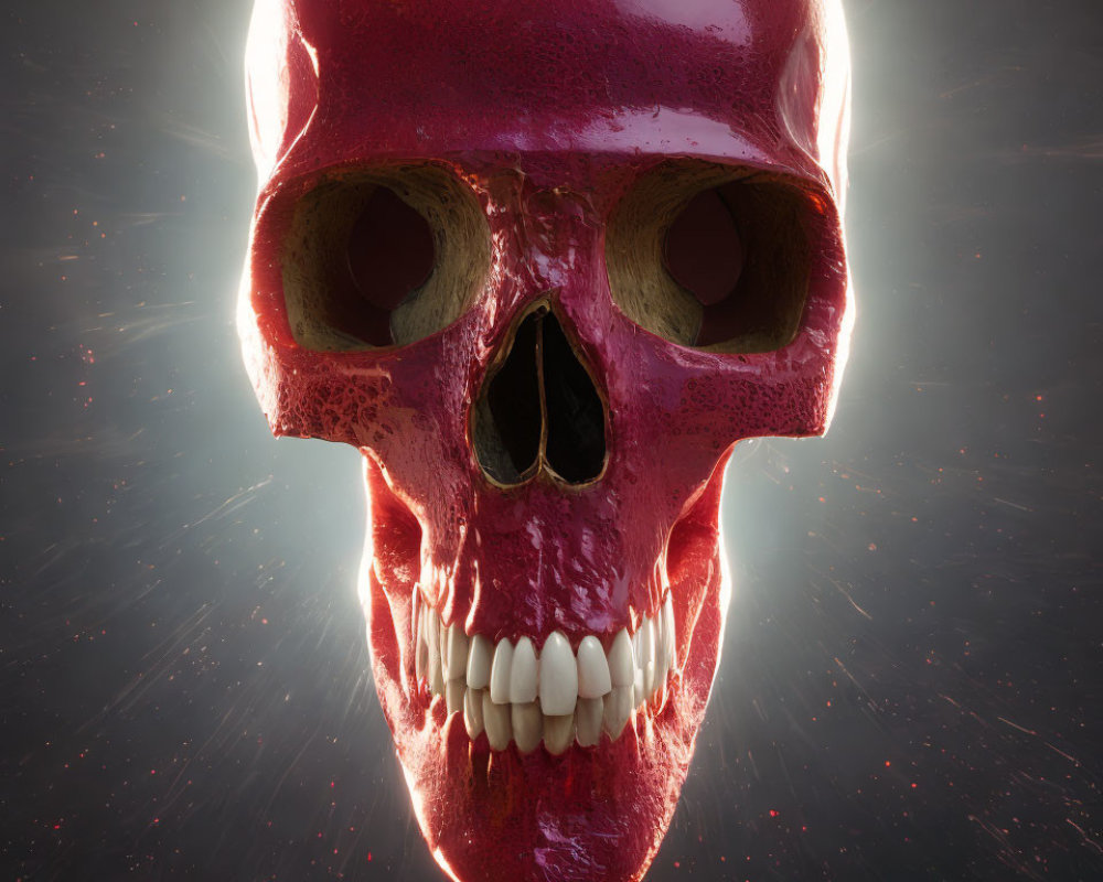 Glowing red skull with halo and dynamic light effects on dark background