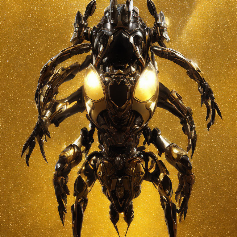 Metallic insect-like robot with glowing yellow parts on golden background