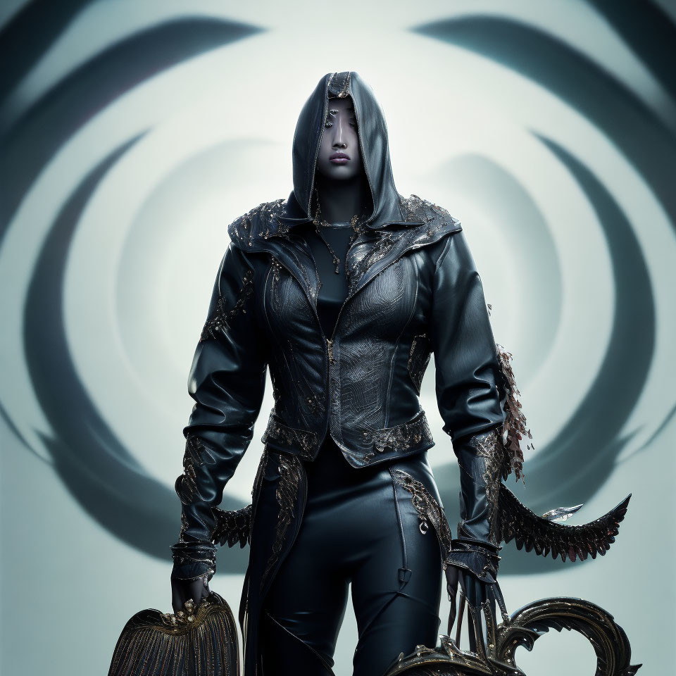 Mysterious figure in dark hooded outfit with stylized gauntlet and shoulder armor.