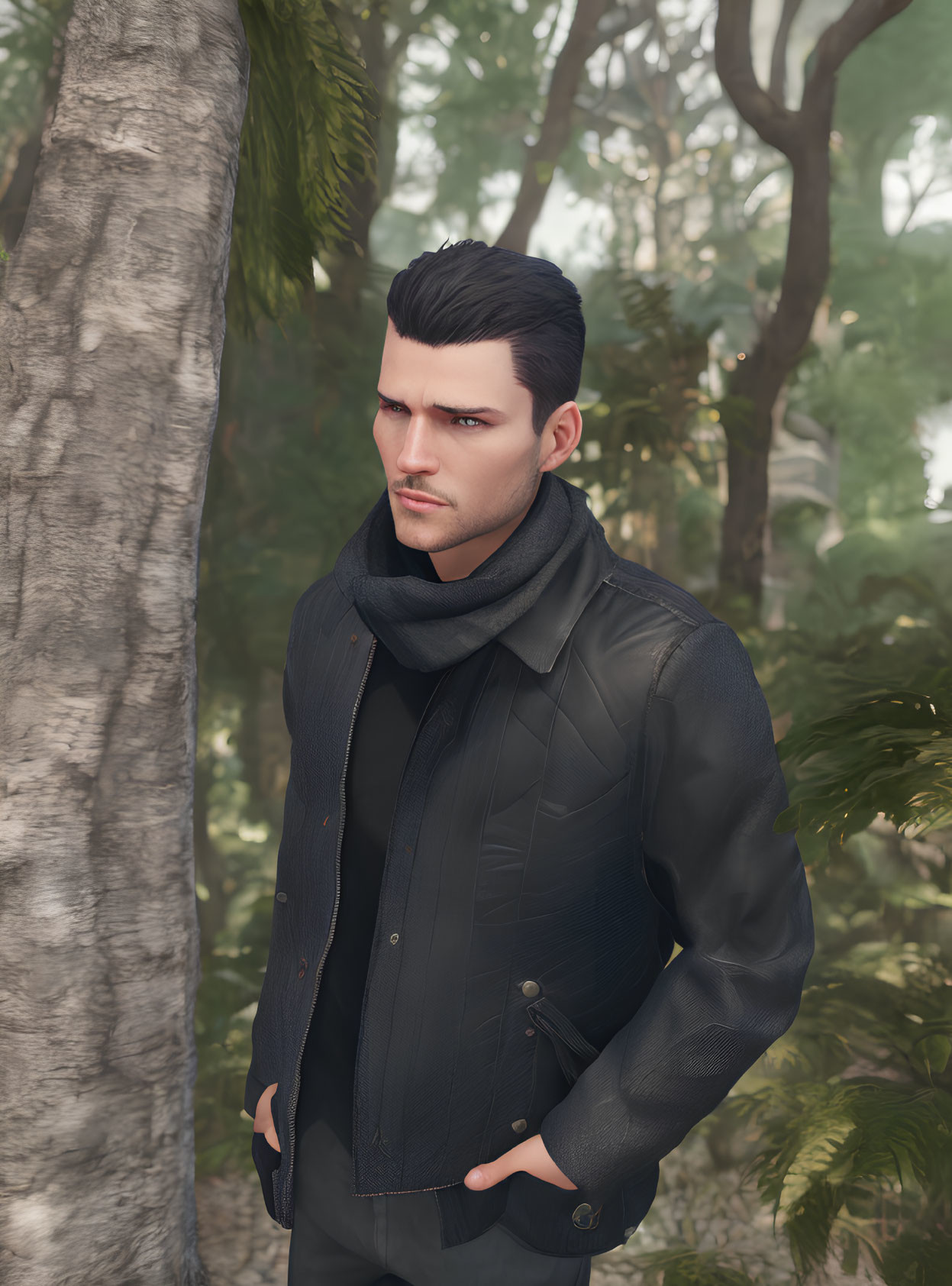 Dark-haired man in leather jacket and scarf in misty forest