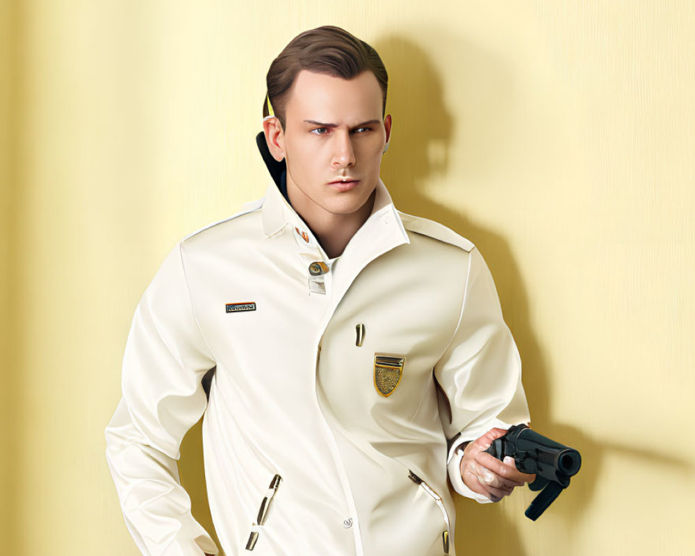 Man in white jacket holding handgun against yellow background