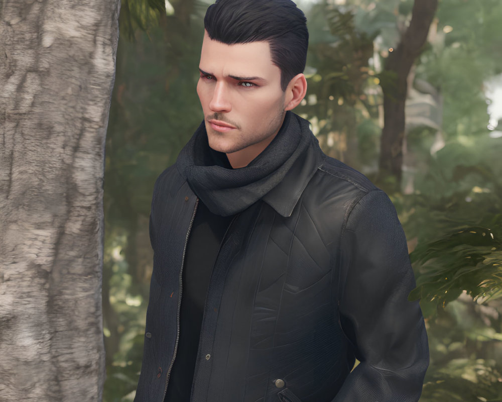 Dark-haired man in leather jacket and scarf in misty forest