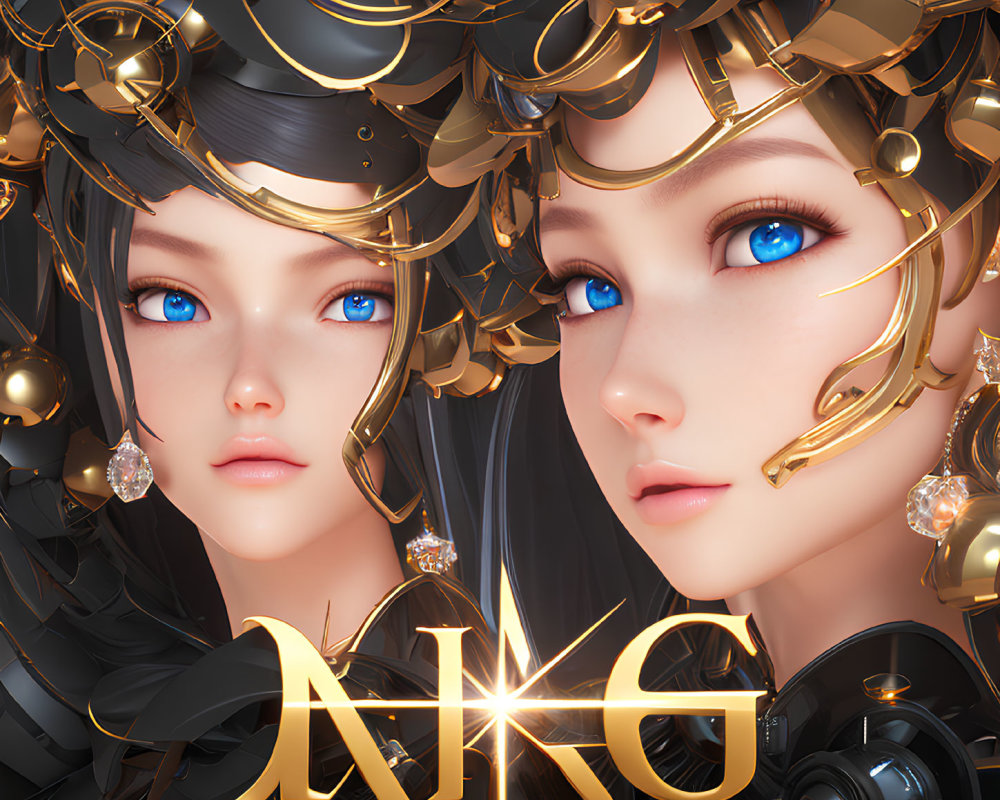 Symmetric Female Faces with Gold Headpieces and Blue Eyes on Luminous Background
