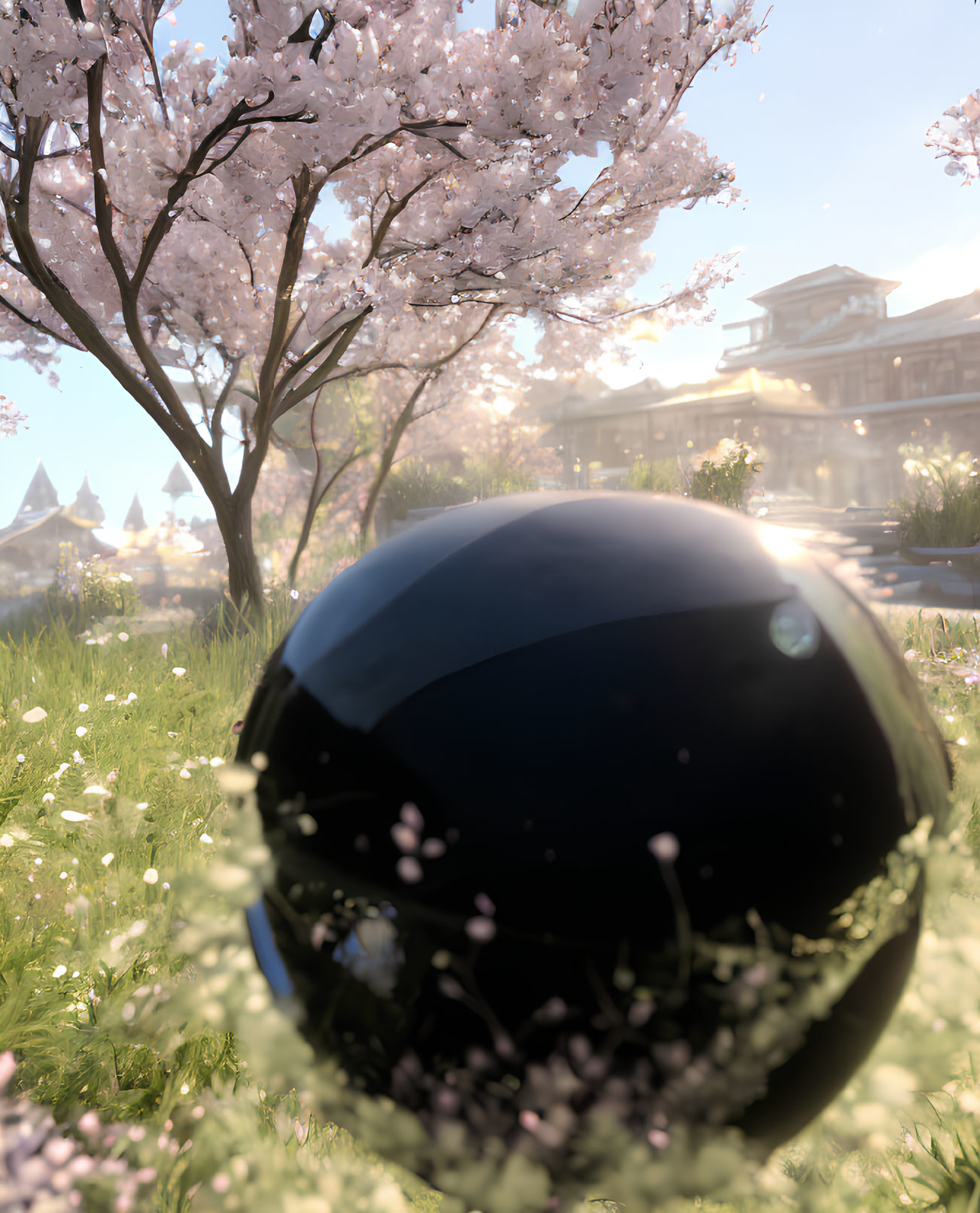 Reflective black sphere on grass with cherry blossoms and Asian building in background