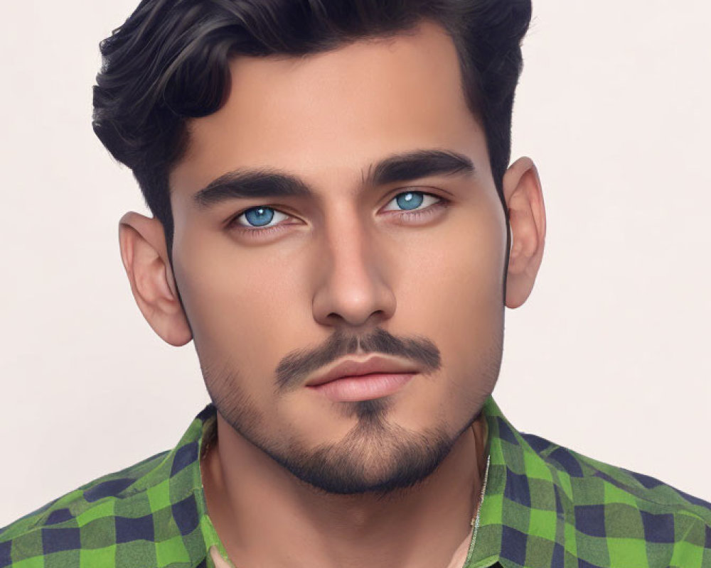 Man with Blue Eyes and Dark Hair in Green Checkered Shirt