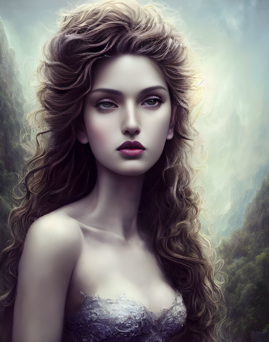 Woman's digital portrait with wavy hair, large eyes, fair skin, forested mountain backdrop