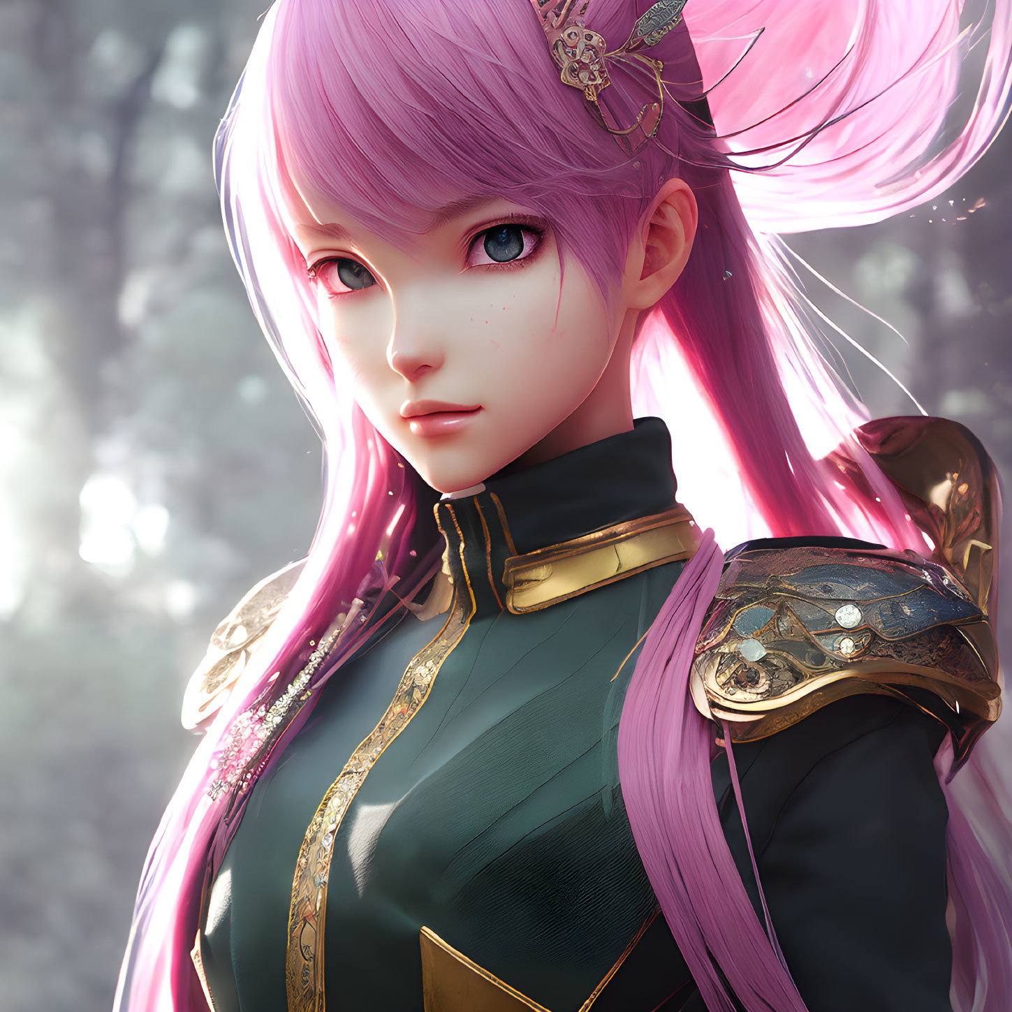 Fantasy-inspired digital art of female character with purple hair and embellished uniform