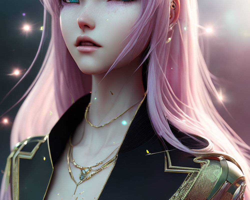 Digital art portrait of female character with pink hair, green eyes, and sparkling effects, in black and