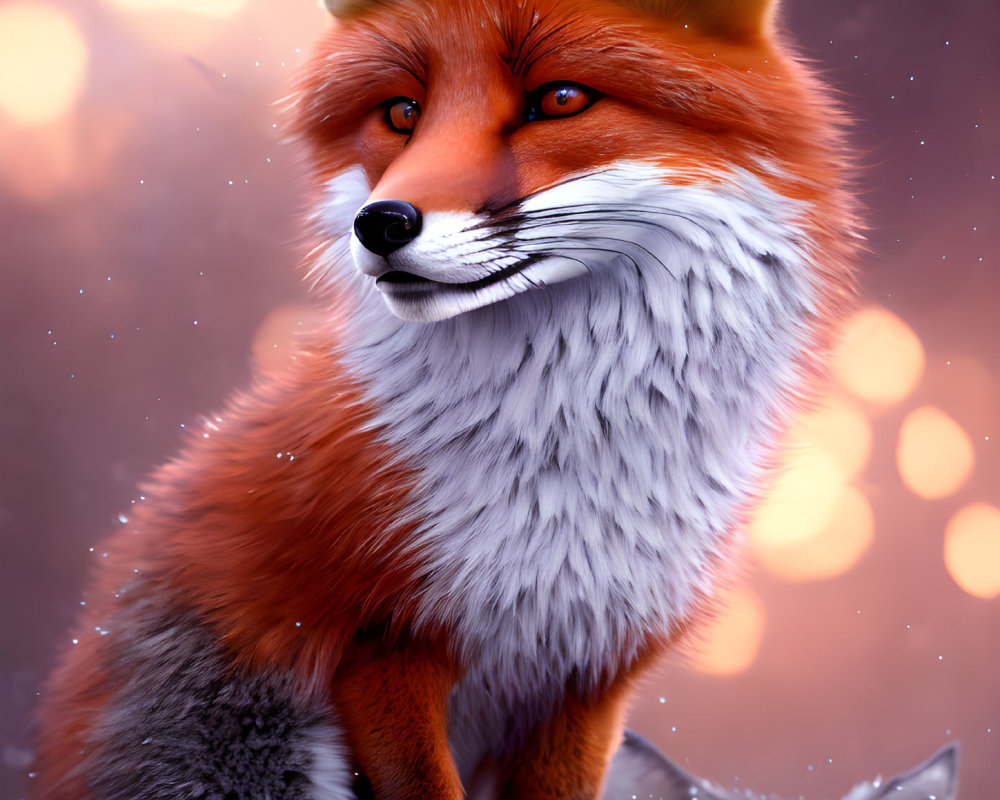 Realistic red fox illustration with vibrant fur and intense eyes on purple and orange bokeh.