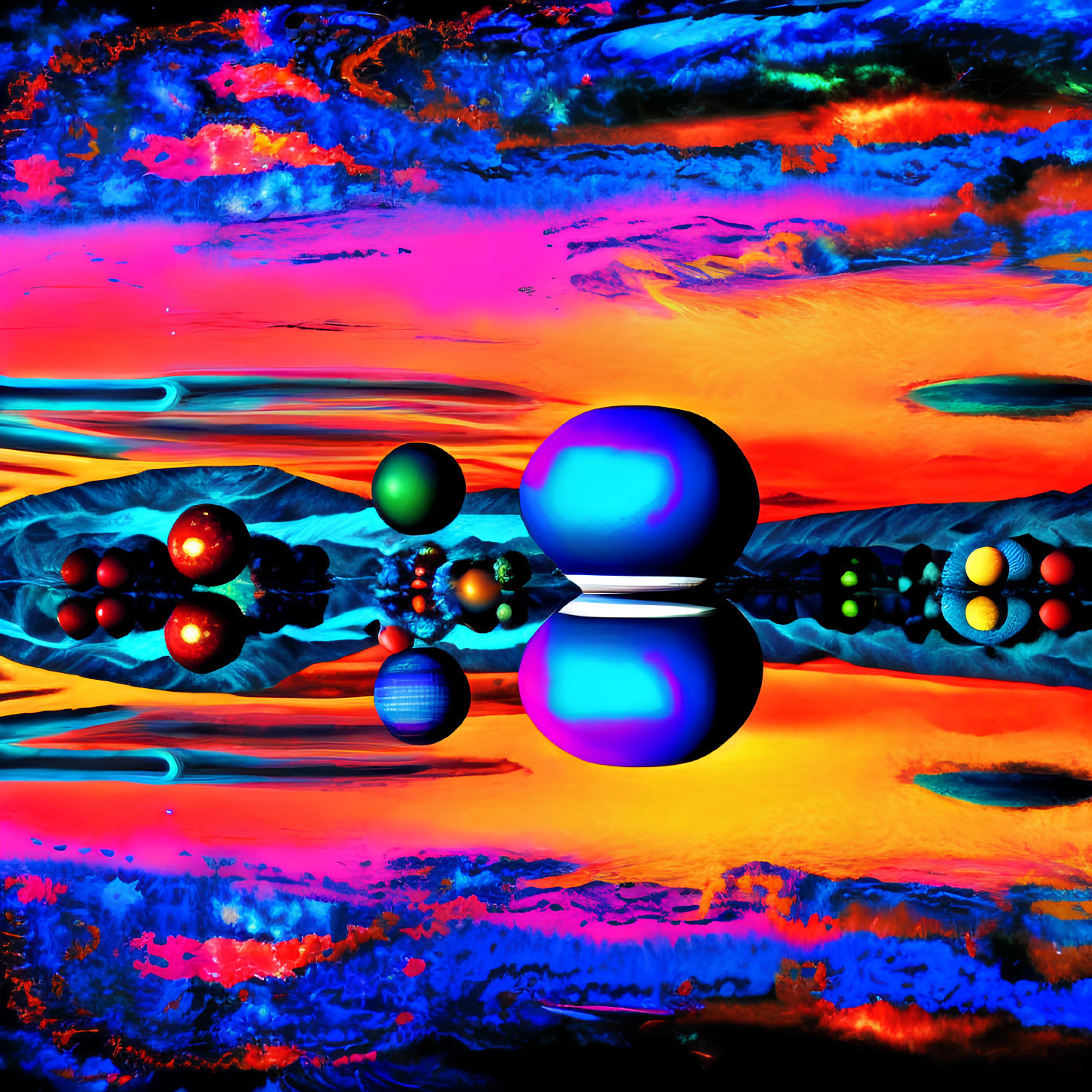 Vibrant spheres over fiery, colorful digital landscape
