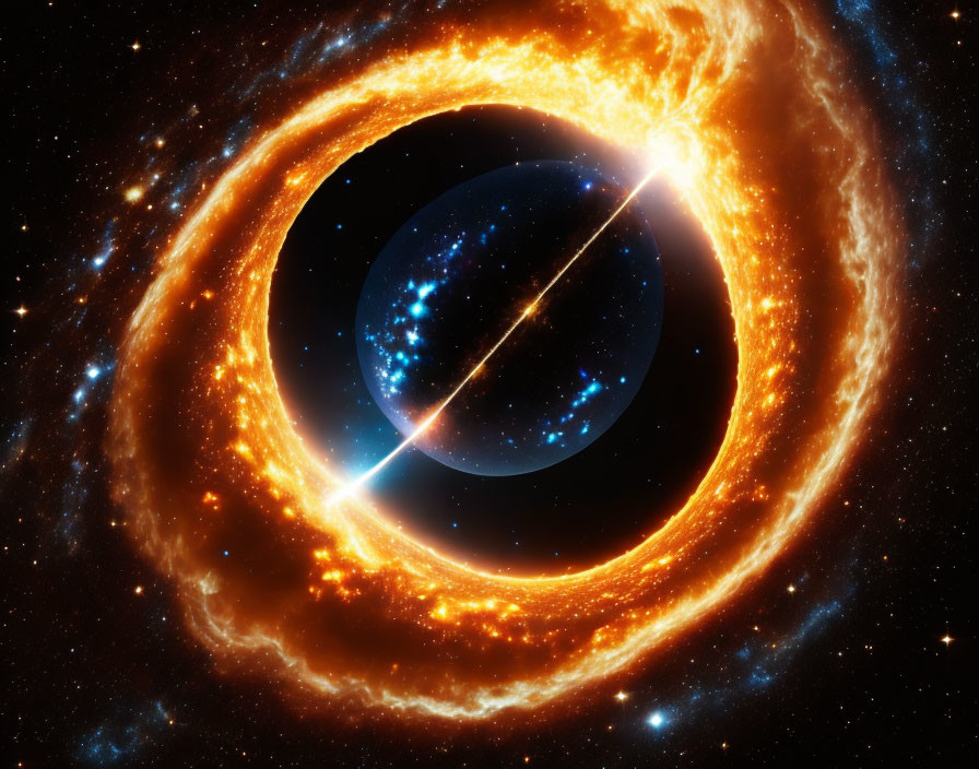 Blue planet with fiery orange ring in cosmic space