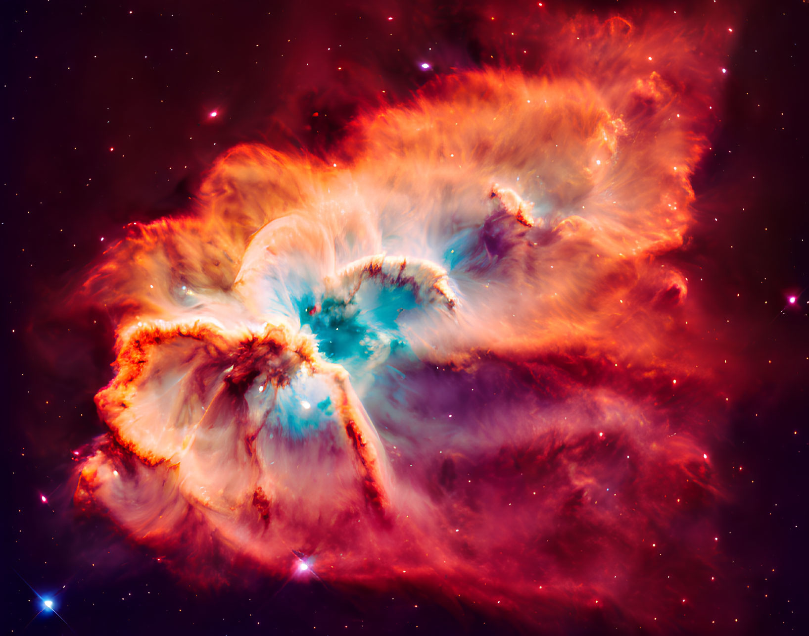 Colorful Swirling Nebula with Red, Orange, and Blue Hues