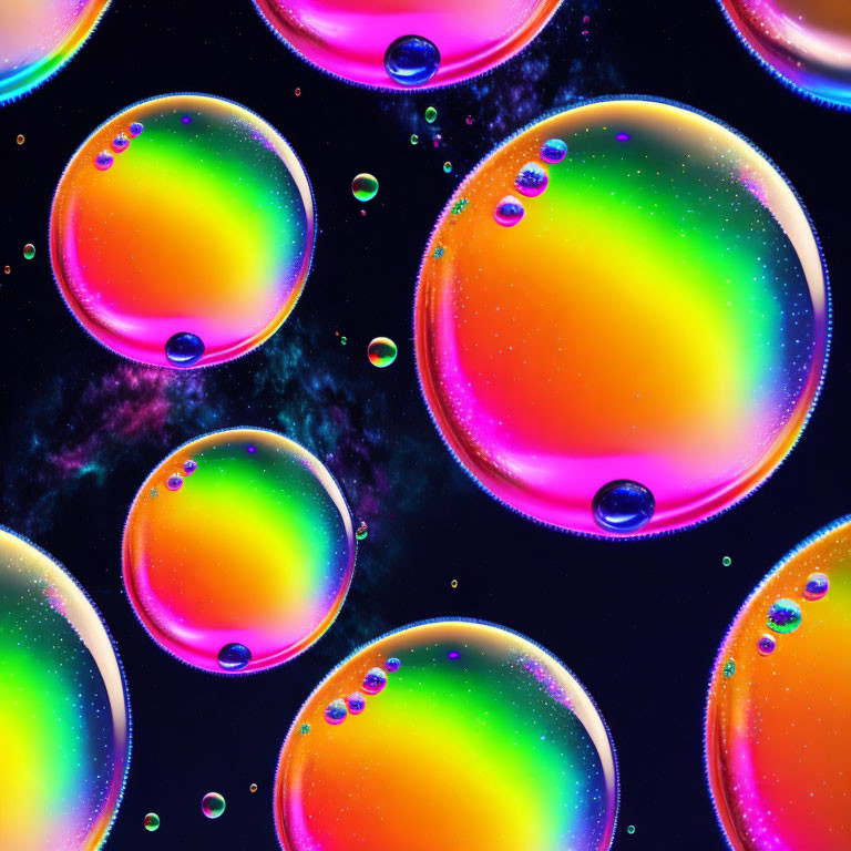 Vibrant soap bubbles on dark, speckled background