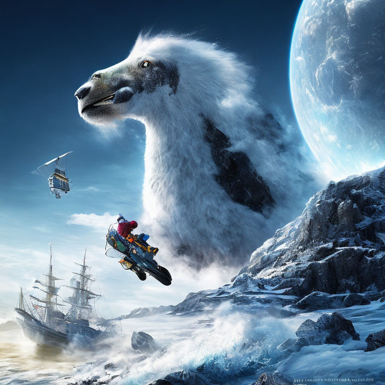 Fantastical artwork: giant wolf cloud, sailboat, airship, motorcyclist, icy