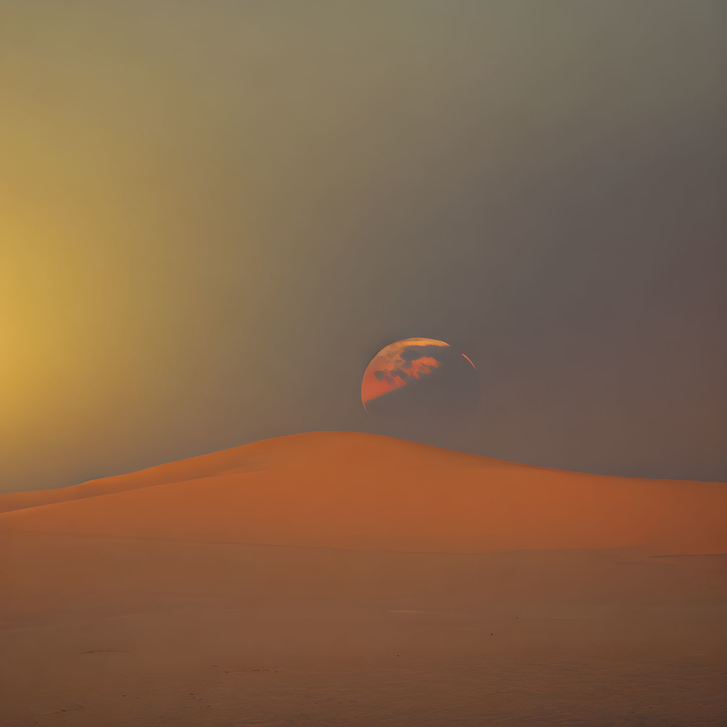 Tranquil desert sunset with orange-hued dune and setting sun