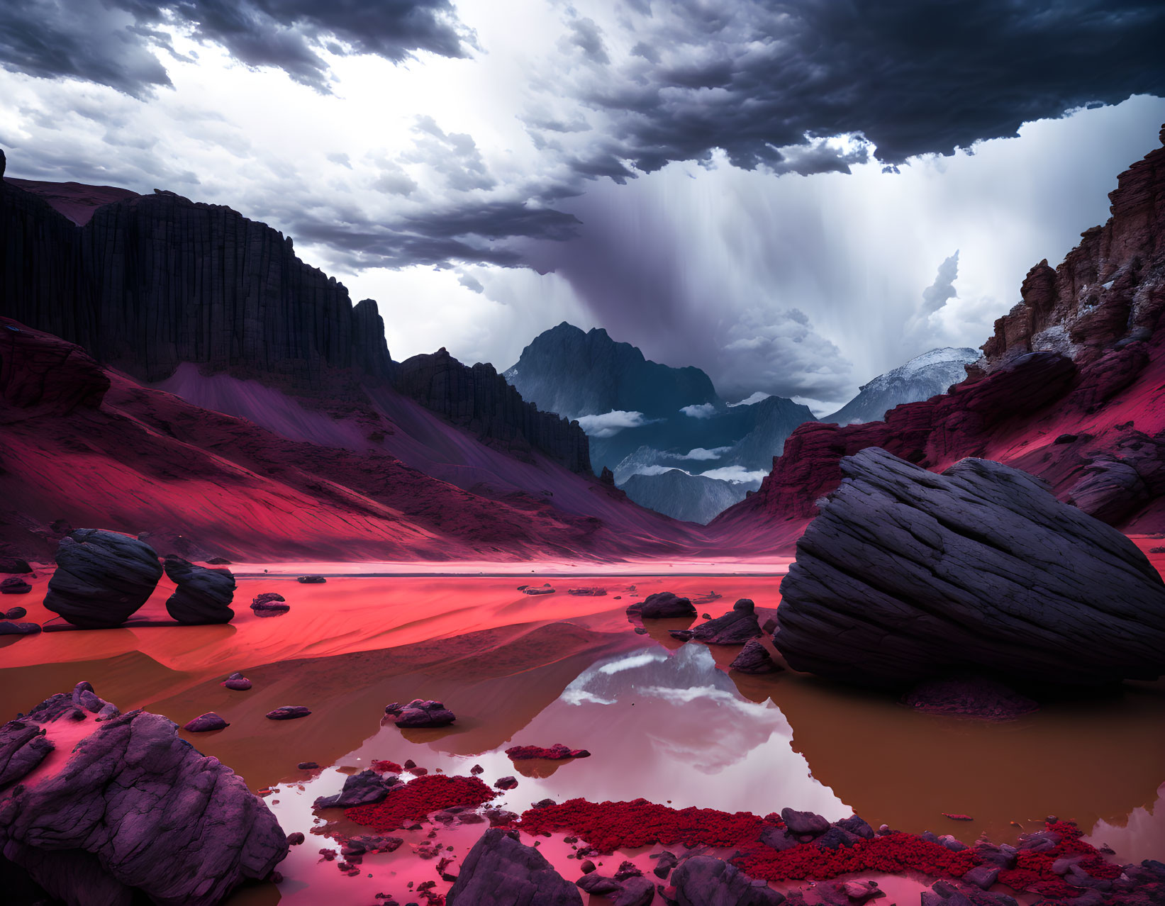 Dark stormy skies over red riverbed and mountains.