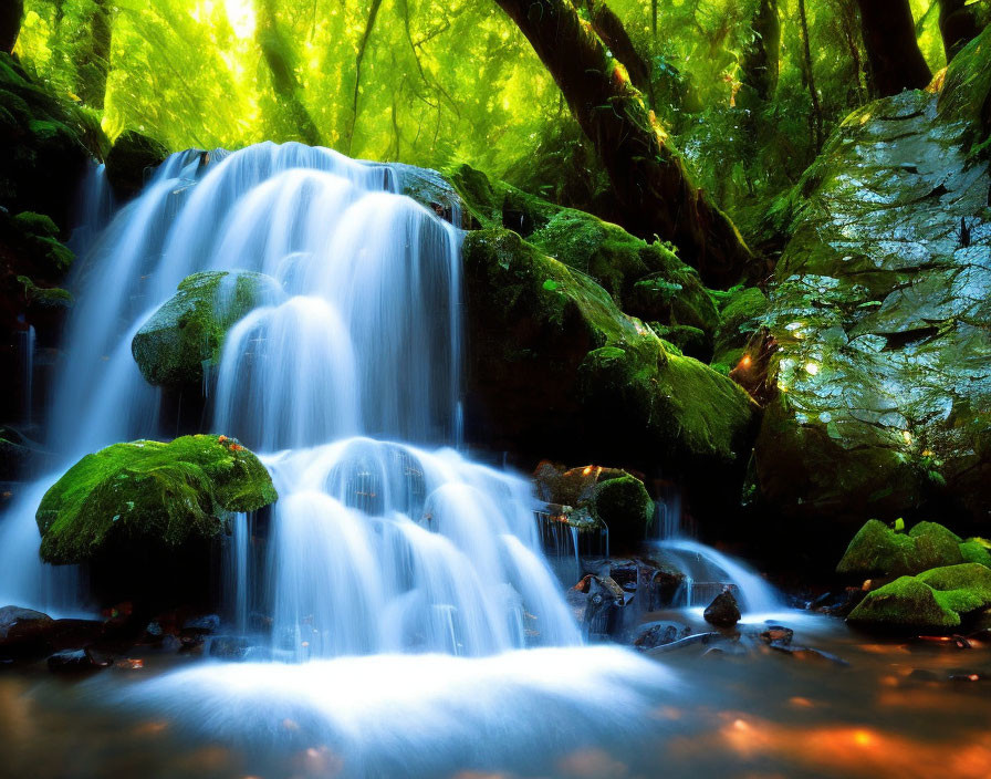 Tranquil waterfall in lush greenery with sunlight filtering through foliage