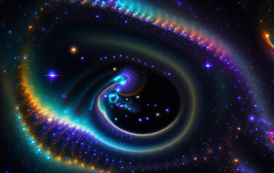 Vibrant blue and purple spiral galaxy in starry cosmos scene
