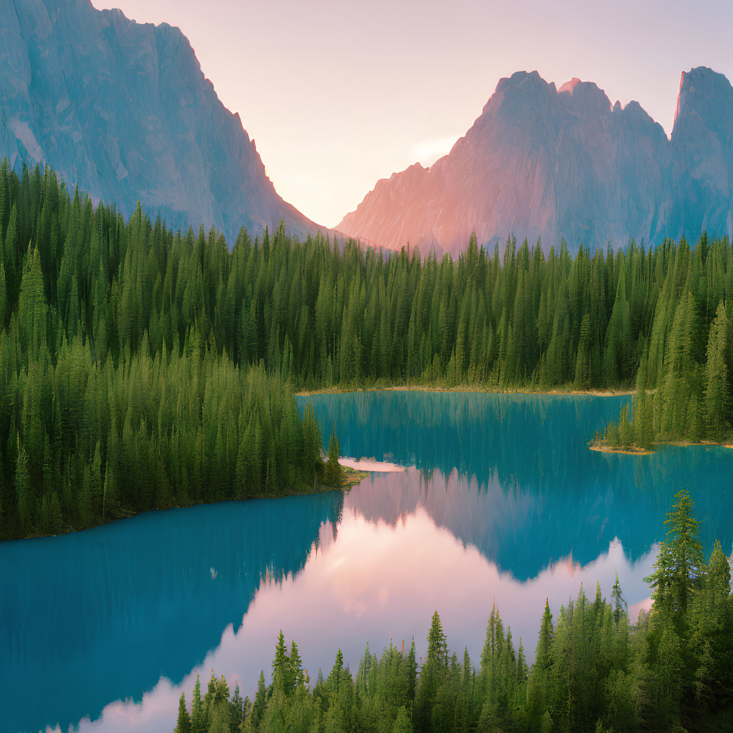 Tranquil Lake Reflecting Forest and Mountains at Sunset