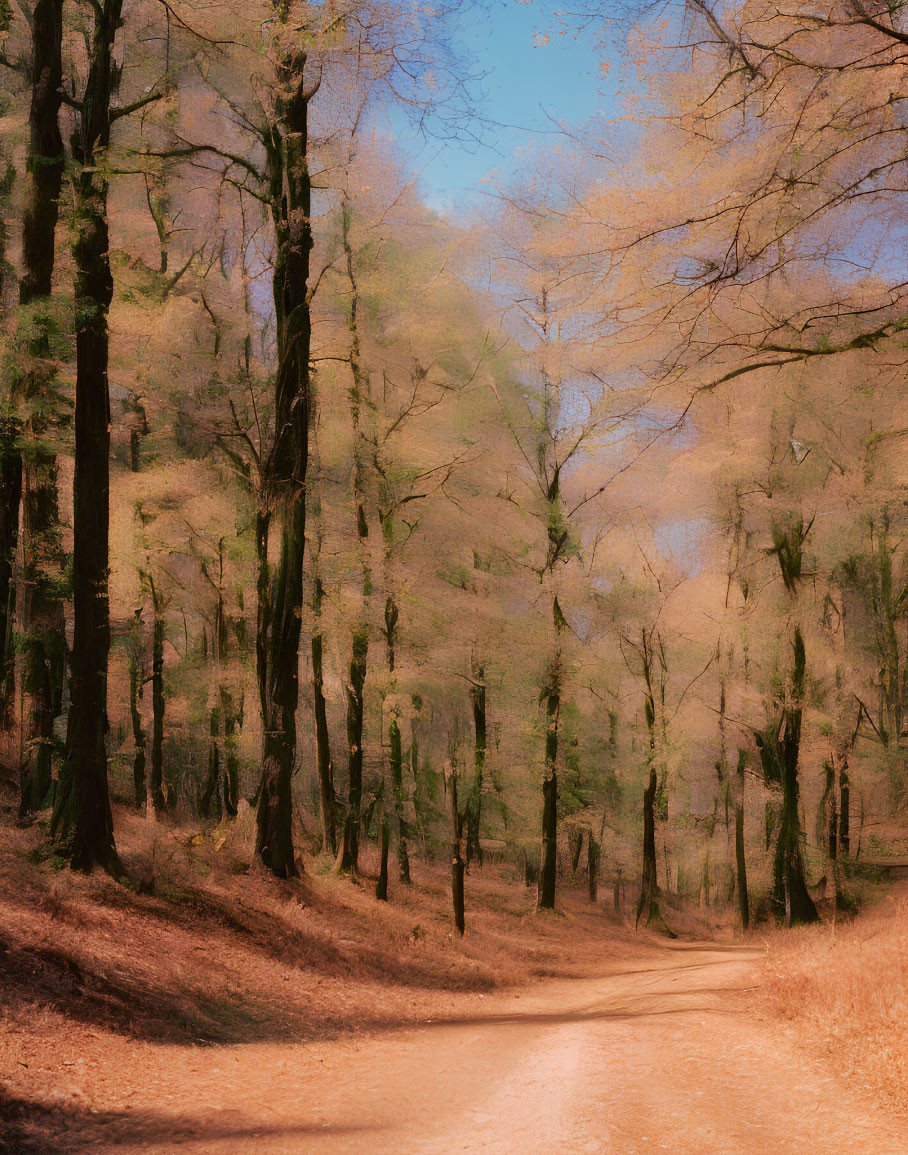 Tranquil forest scene with winding dirt path and leafless trees