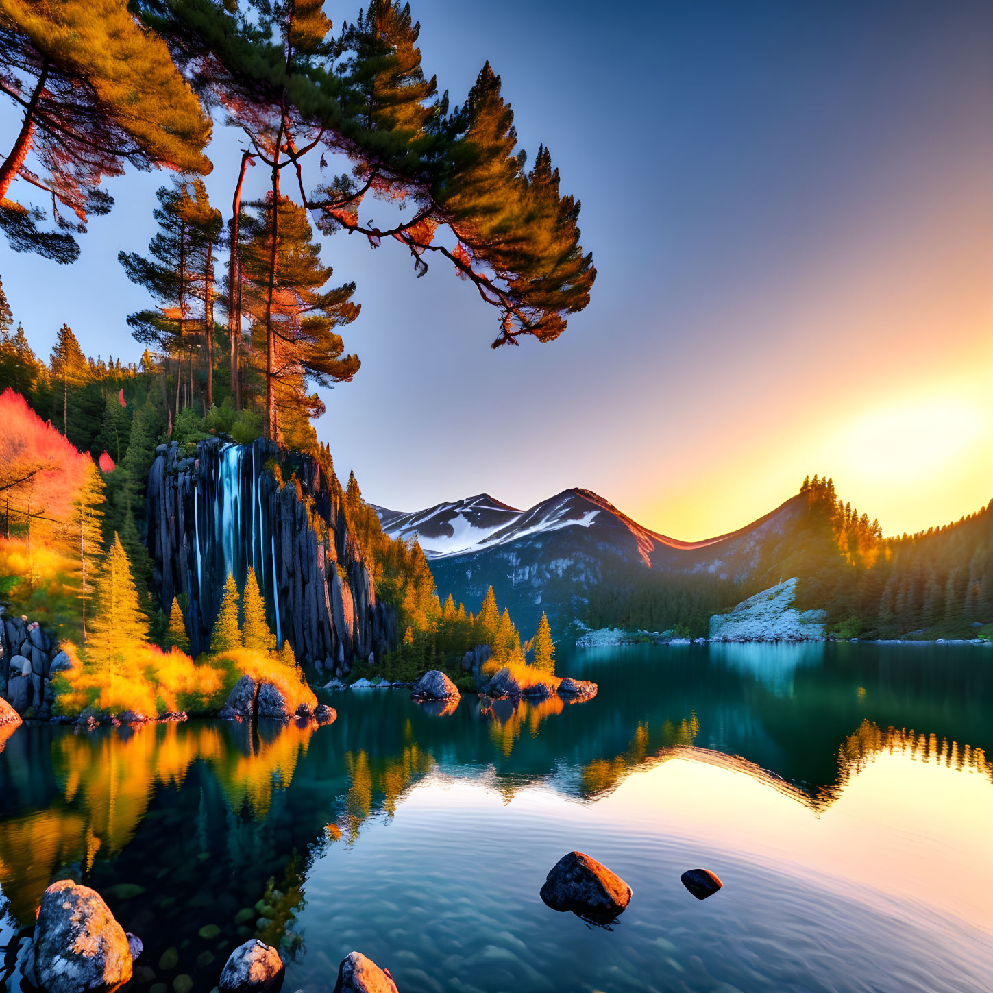 Scenic sunset over tranquil lake with mountains and pine trees