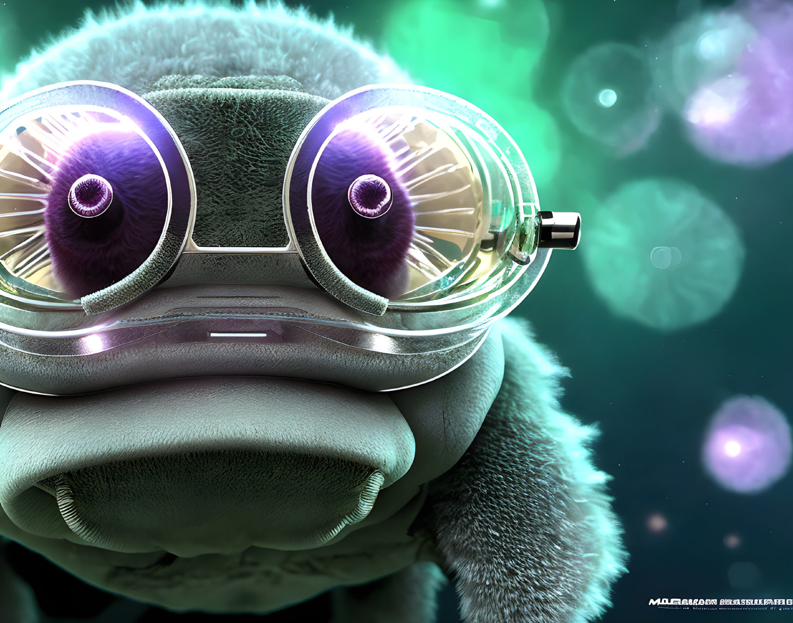 Stylized anthropomorphic fish with purple eyes and glasses