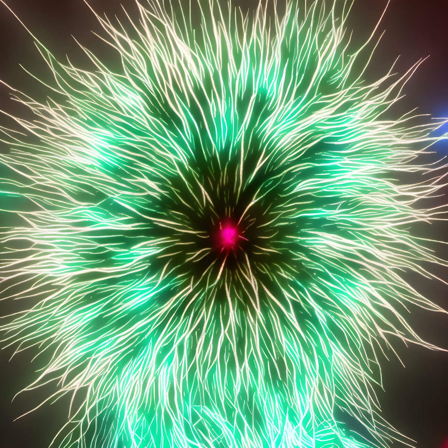Colorful green and pink firework explosion in dark sky, resembling blooming dandelion